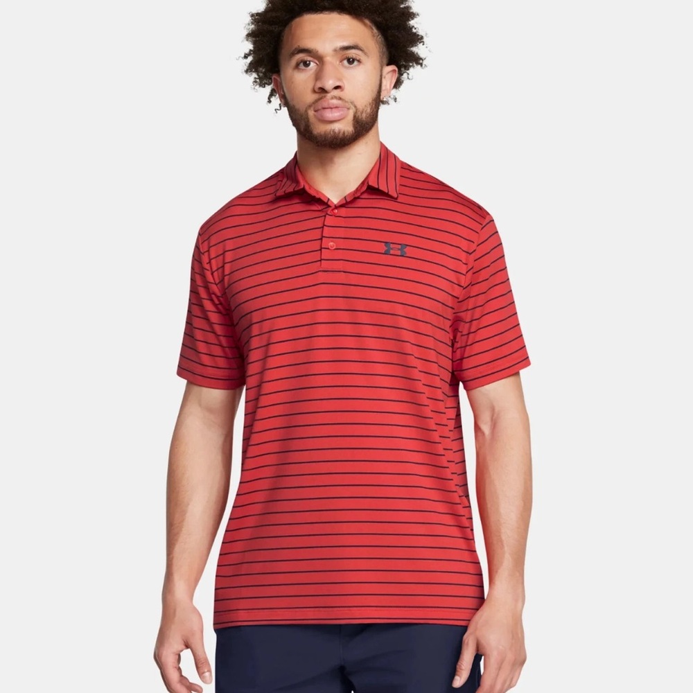 Under Armour Men's Red Striped Polo Shirt 2XL- Golf Shirt- XXL